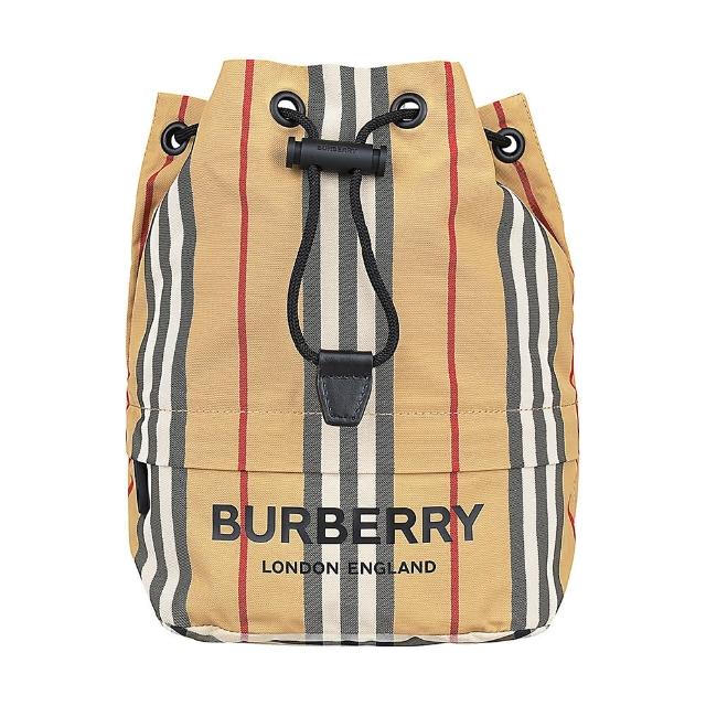 【BURBERRY 巴寶莉】BURBERRY 黑字LOGO尼龍束口收納水桶包(典藏米)