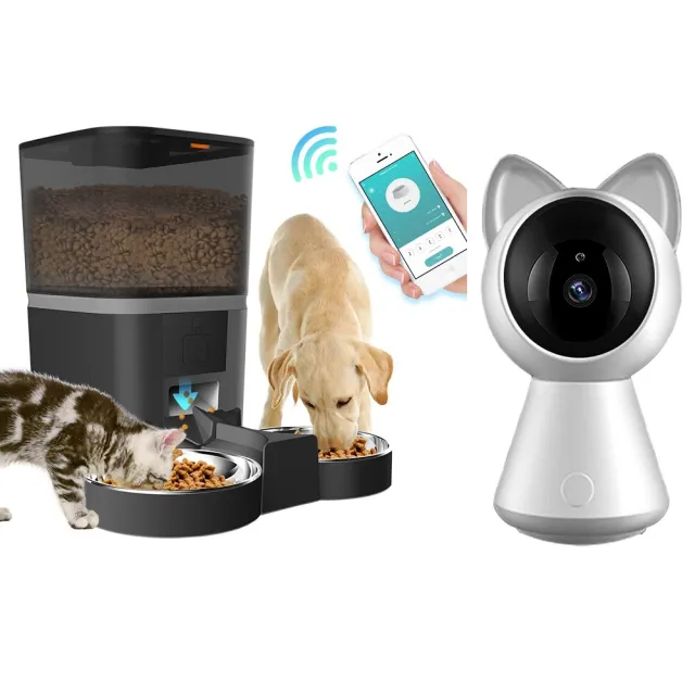 【u-ta】遠端控制6L寵物餵食器+萌貓造型無線攝影機(超值組合PW8雙碗+Cat1監視器)