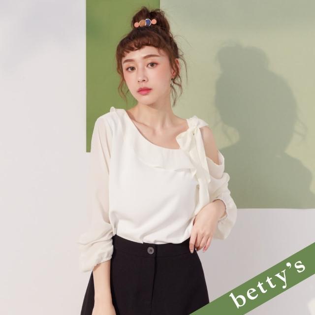 【betty’s 貝蒂思】雪紡斜肩綁帶荷葉領上衣(白色)