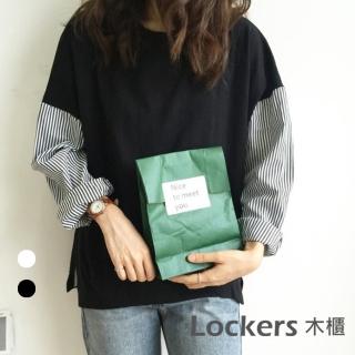 【Lockers 木櫃】春秋條紋寬鬆拼接上衣-2色 L111022202(寬鬆上衣)