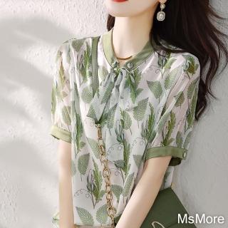 【MsMore】清新減齡系帶印花雪紡顯瘦短袖寬鬆短版上衣 #116918(花紋)