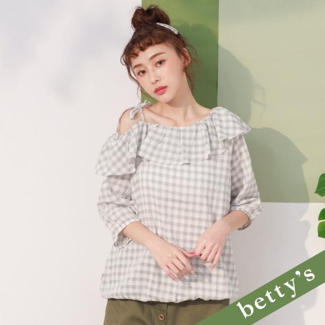 【betty’s 貝蒂思】荷葉領露肩格子雪紡上衣(淺綠)