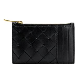 【BOTTEGA VENETA 寶緹嘉】編織皮革拉鍊零錢片卡包(680613-黑)
