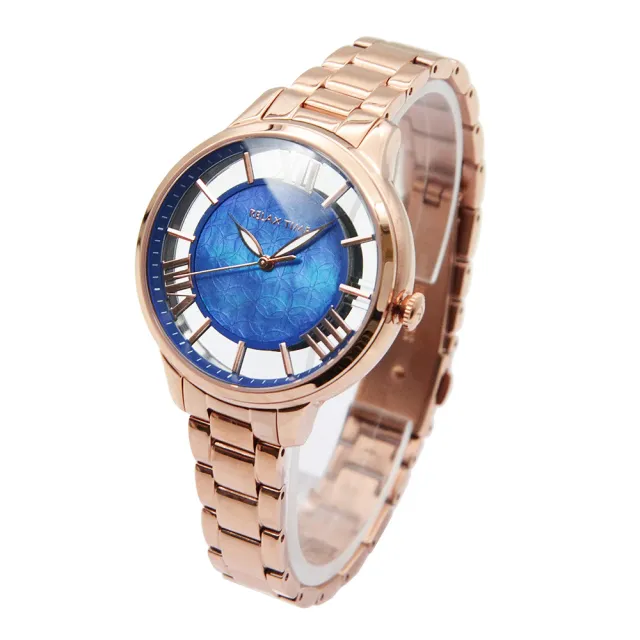 【Relax Time】晨曦之光系列 玫瑰金框 藍色貝殼面 立體鏤空刻度 不鏽鋼錶帶 女錶 手錶 情人節(RT-82-5)