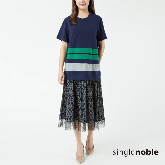【SingleNoble 獨身貴族】休閒異素材拼接花磚印花短袖洋裝(1色)