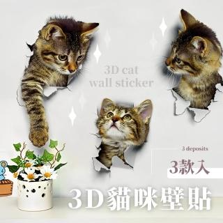 【貓貓帝國】3D貓咪壁貼-3款入(客廳 居家 防水壁貼 創意壁貼 桌布 DIY 貓咪貼紙 居家裝飾 背景牆)