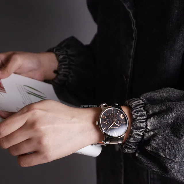 【Relax Time】黑潮王者系列 銀框 黑面 玫瑰金刻度 不鏽鋼錶帶 三眼腕錶 手錶 男錶 情人節(RT-81-2)