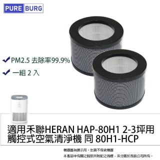 【PUREBURG】2入組-適用 禾聯HERAN HAP-80H1 HAP-80H3觸控式2-3坪空氣清淨機 副廠HEPA濾網2入組