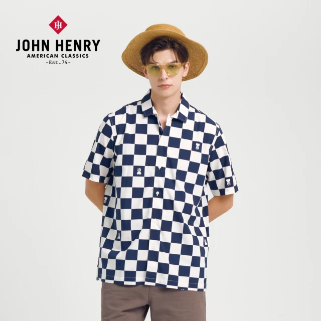 【JOHN HENRY】棋盤格古巴領短袖襯衫-深藍