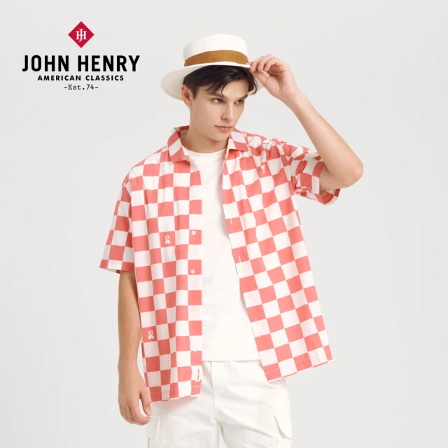 【JOHN HENRY】棋盤格古巴領短袖襯衫-粉色