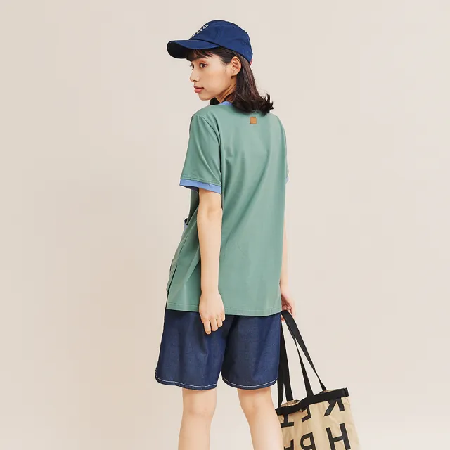 【Dailo】剪接配色長版棉質-女短袖上衣 長版 綠 米(二色/魅力商品/版型適中)