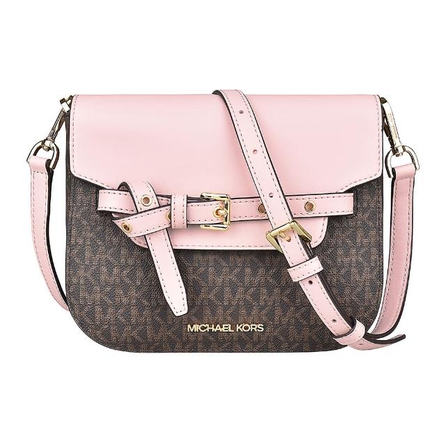 【Michael Kors】MK MICHAEL KORS EMILIA金字LOGO拼接設計PVC磁吸翻蓋式斜背包(小/棕x粉)