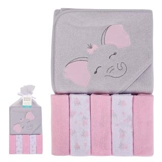 【Luvable Friends 甜蜜寶貝】嬰幼兒可愛動物連帽浴巾+小方巾/洗澡巾 共6入 76x76cm 萌萌象(LF57846)