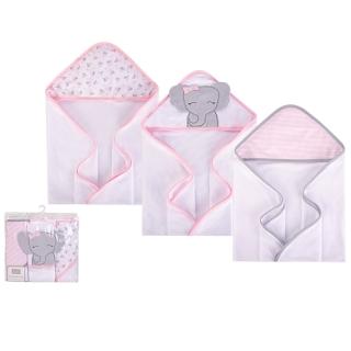 【Luvable Friends 甜蜜寶貝】嬰幼兒可愛動物連帽浴巾/包巾3入組 71x71cm/送禮自用皆可 粉象家族(LF57900)