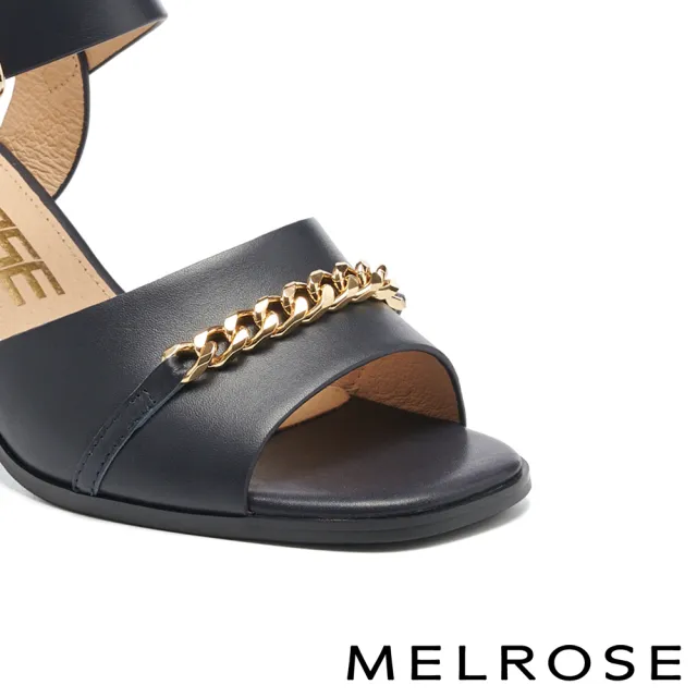 【MELROSE】氣質時髦金屬鏈條牛皮方頭高跟涼鞋(藍)