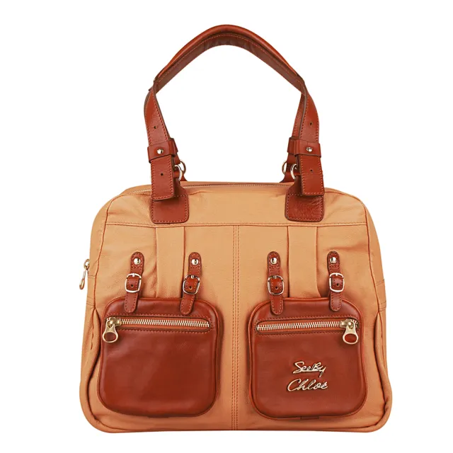 【See by Chloe’】SBC See By Chloe經典金字LOGO雙功能外袋皮革拉鍊手提肩背包(展示品/駝)