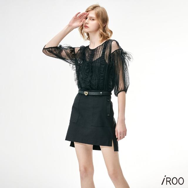 【iROO】氣質黑色羽毛薄紗上衣