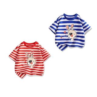 【時尚Baby】童裝 女童 短袖T恤 兒童橫條兔兔短袖上衣(女中小童春夏T恤 純棉短袖上衣)