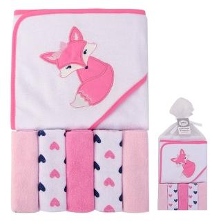 【Luvable Friends 甜蜜寶貝】嬰幼兒可愛動物連帽浴巾+小方巾/洗澡巾 共6入 76x76cm 狐狸甜心(LF05286)