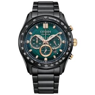 【CITIZEN 星辰】穿越時空亞洲限定款光動能三眼競速計時男錶-綠x黑/43mm 母親節限定(CA4536-86X)