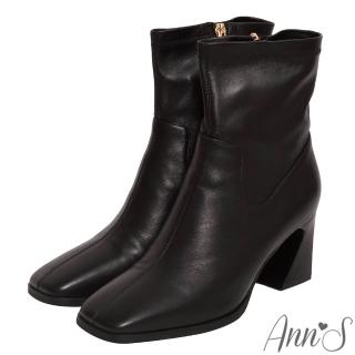 【Ann’S】纖細小姐姐2.0-素面羊皮真皮梯形粗跟方頭短靴7cm(黑)