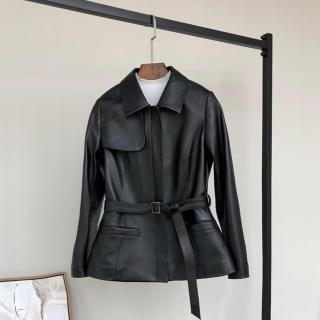 【巴黎精品】現貨+預購 真皮皮衣機車夾克(翻領綁帶造型羊皮夾克女外套v1ao22)