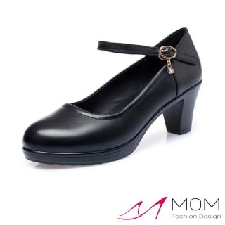 【MOM】真皮跟鞋 一字跟鞋 圓頭跟鞋/真皮小圓頭淺口防水臺美鑽一字釦帶跟鞋(B款 黑色6CM高)