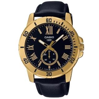 【CASIO 卡西歐】經典羅馬時刻潛水風格設計皮帶指標腕錶-金框X黑(MTP-VD200GL-1B)