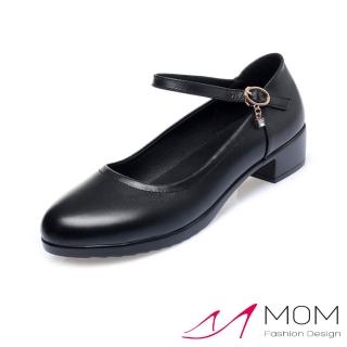【MOM】真皮跟鞋 一字跟鞋 圓頭跟鞋/真皮小圓頭淺口防水臺美鑽一字釦帶跟鞋(A款 黑色3CM高)