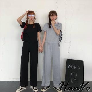 【HanVo】現貨 1+1套裝組 韓系簡約素色開岔褲套裝(休閒短袖長褲套裝 日常百搭女裝 女生衣著 5941)