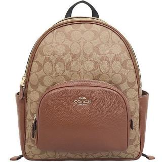 【COACH】焦糖咖啡X卡其PVC滿版LOGO中款雙拉鍊前口袋後揹包