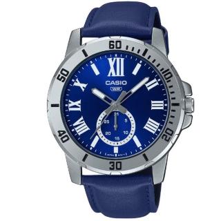 【CASIO 卡西歐】經典羅馬時刻潛水風格設計皮帶指標腕錶-藍(MTP-VD200L-2B)