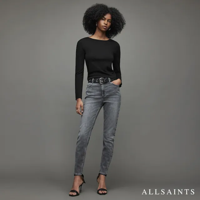 【ALLSAINTS】AVA 簡約素面金屬鈕扣長袖T恤 WM032X(修身版型)