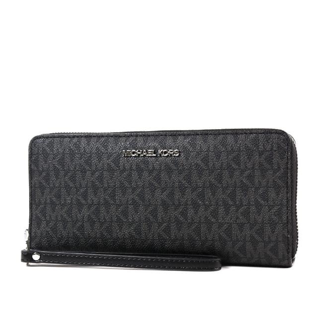 Michael Kors 銀字緹花LOGO防刮皮革多卡層手掛式拉鍊長夾-黑色
