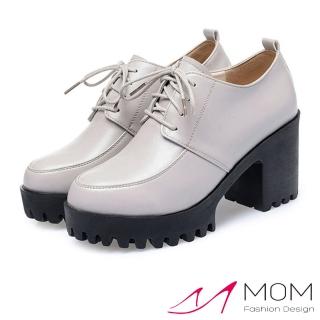 【MOM】真皮跟鞋 厚底跟鞋/真皮細緻牛皮復古版型厚底防水臺深口綁帶粗跟休閒鞋(灰)