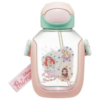 【小禮堂】Disney 迪士尼 公主 兒童彈蓋吸管透明止滑胖胖水壺 530ml - 粉綠星星框款(平輸品)