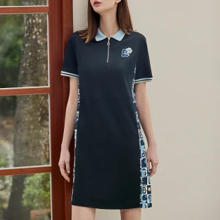 【ILEY 伊蕾】時髦字母扶桑花拼接率性polo領H型洋裝(深藍色；M-XL；1232367004)