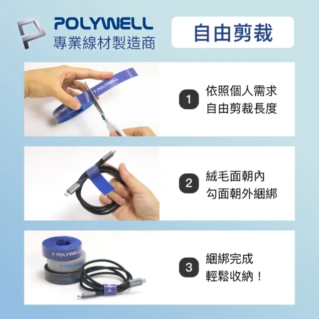【POLYWELL】魔鬼氈束線帶 2x500cm 包色/ 黑灰藍各一(自由剪裁/黏貼牢固/可重複使用)