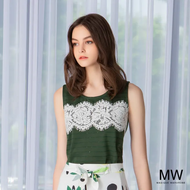 【MAGIQUE WARDROBE】圓領拚接蕾絲無袖背心上衣(深綠)