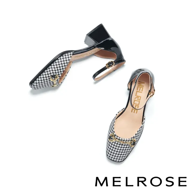 【MELROSE】氣質時尚飾釦踝帶方頭高跟鞋(黑白)