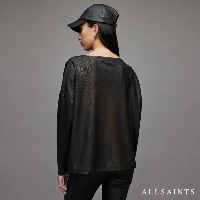 【ALLSAINTS】RITA 蛇紋印花一字領混紡長袖T恤-黑 WM194X(舒適版型)