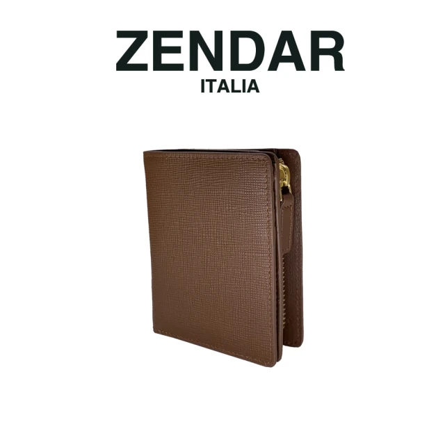 【ZENDAR】國際精品 頂級NAPPA小牛皮十字紋拉鍊短夾(琥珀色 贈原廠送禮提袋)