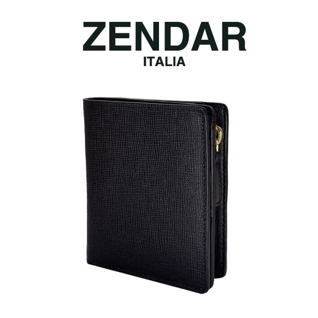 【ZENDAR】國際精品 頂級小牛皮十字紋拉鍊短夾(黑色 贈原廠送禮提袋)