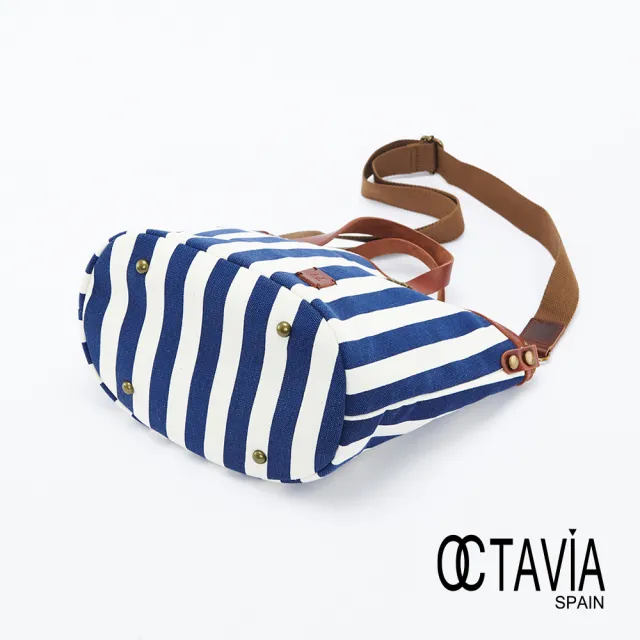 【OCTAVIA 8】OCTAVIA8 - 海風親吻 真皮配條紋帆布手提肩背包 - 藍白條
