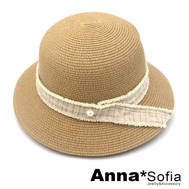 【AnnaSofia】遮陽帽防曬帽淑女帽網美渡假草帽海灘帽漁夫帽盆帽-小香風滾珠長帶 現貨(駝系)