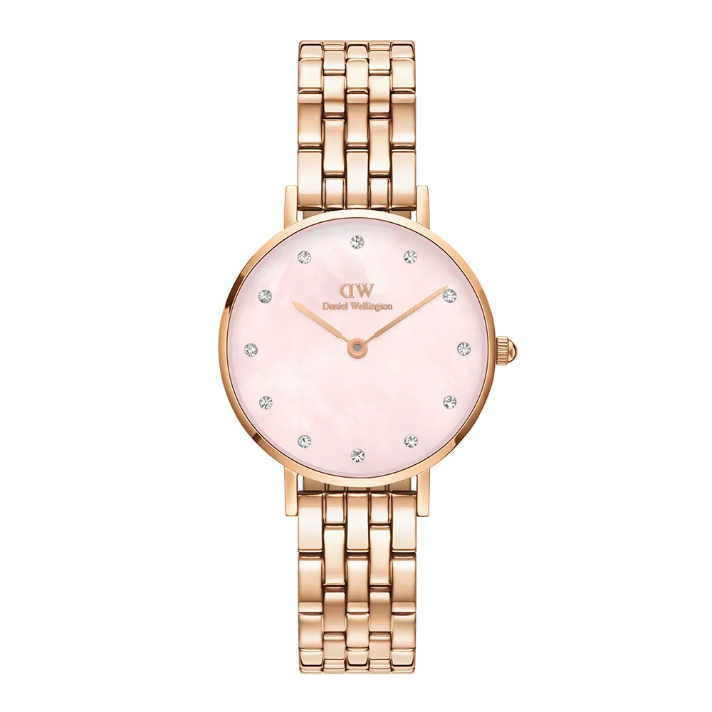 【Daniel Wellington】DW 手錶 Petite Melrose Lumine 28mm 星辰貝母盤珠寶式錶鏈-粉錶盤(DW00100617)