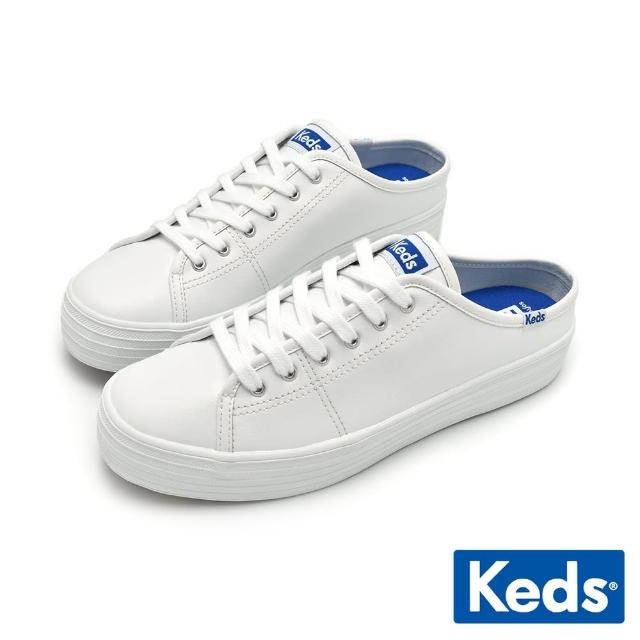 【Keds】★雙11★TRIPLE KICK 時尚皮革厚底穆勒小白鞋(白)