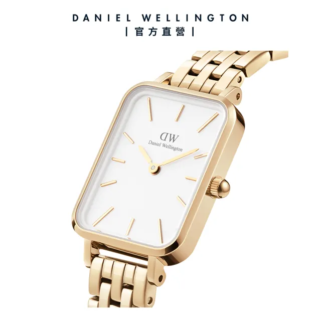 【Daniel Wellington】DW 手錶 Quadro Evergold 20X26 香檳金珠寶式錶鏈-白錶盤(DW00100622)