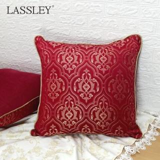 【LASSLEY】大馬士革緹花金邊靠枕 方形65cm(臺灣製造 雙面質感抱枕/紅金色系歐式宮廷風/新春年節/喜慶宴客)