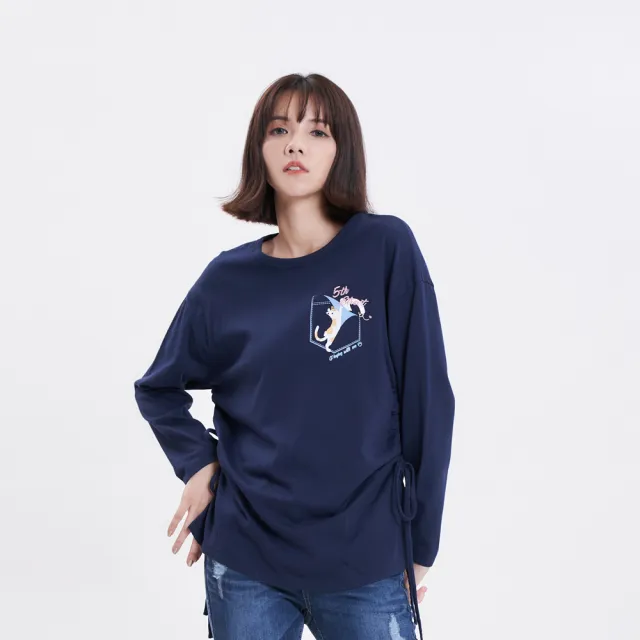 【5th STREET】雙11 女裝 貓咪印花綁帶長袖T恤(丈青)